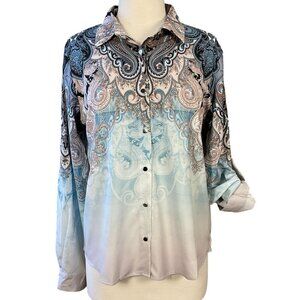Ryabe Essence Watercolor Blues Paisley Print Tab Sleeve Button Front Blouse XL
